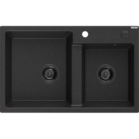 Mexen Tomas Granitspüle 2-Kammer 800 x 500 mm, schwarz/silber Metallic, schwarzer Siphon - 6516802000-73-B