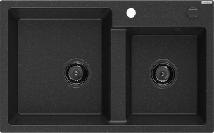 Mexen Tomas lavello da cucina in granito a 2 vasche 800 x 500 mm, nero/argento metallizzato, sifone nero - 6516802000-73-B