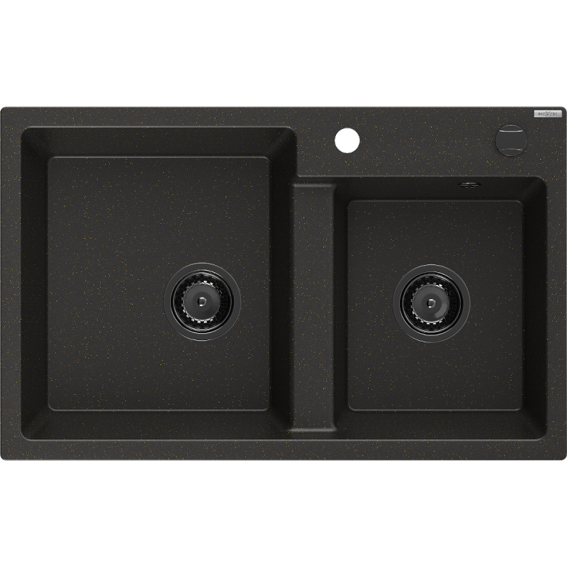 Mexen Tomas lava-loiça de granito de 2 cubas 800 x 500 mm, preto/dourado metálico, sifão preto - 6516802000-75-B