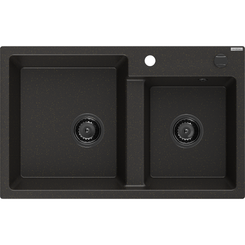 Mexen Tomas lavello in granito a 2 vasche 800 x 500 mm, nero/oro metallizzato, sifone nero - 6516802000-75-B