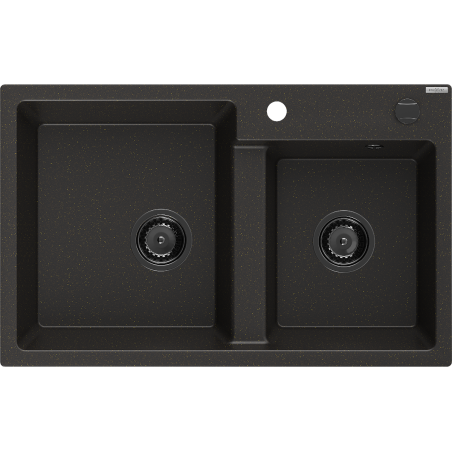 Mexen Tomas Fregadero de granito de 2 cubetas 800 x 500 mm, negro/oro metálico, sifón negro - 6516802000-75-B