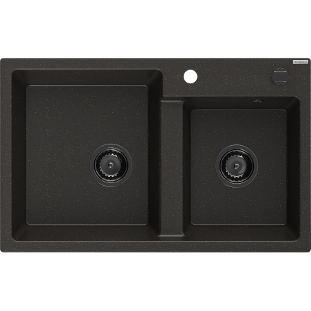 Mexen Tomas granite sink 2-chamber 800 x 500 mm, black/gold metallic, black siphon - 6516802000-75-B