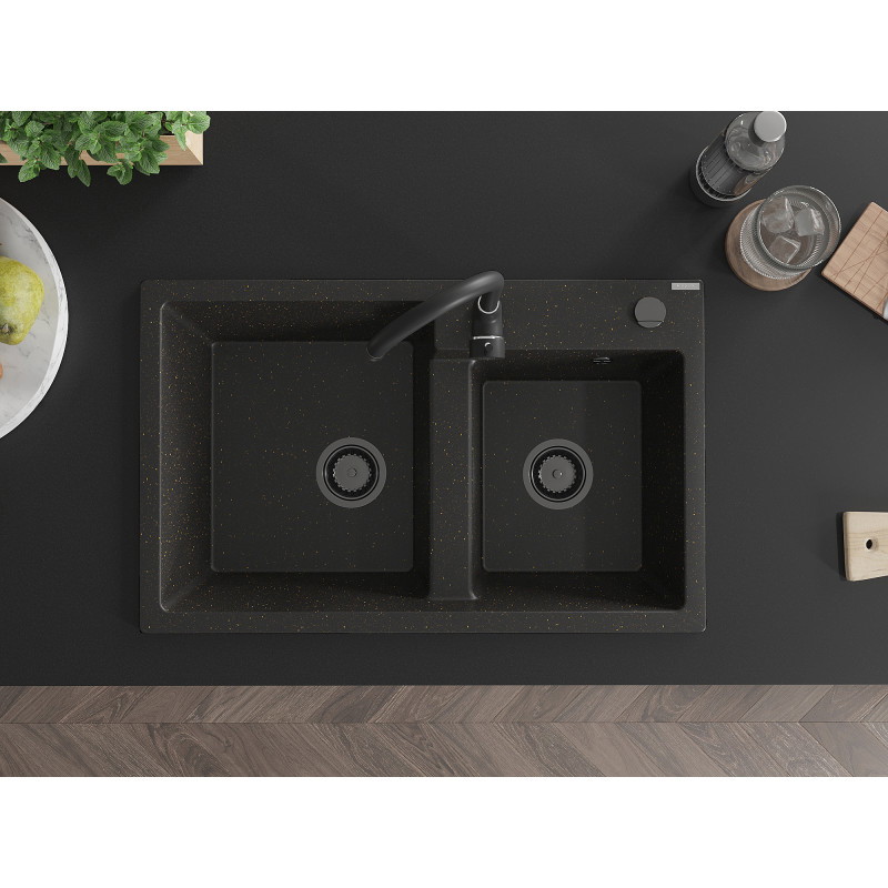 Mexen Tomas Fregadero de granito de 2 cubetas 800 x 500 mm, negro/oro metálico, sifón negro - 6516802000-75-B