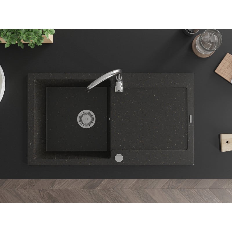 Mexen Leo évier en granit 1 bac avec égouttoir et robinet de cuisine Telma, noir/or métallisé - 6501-75-670200-00