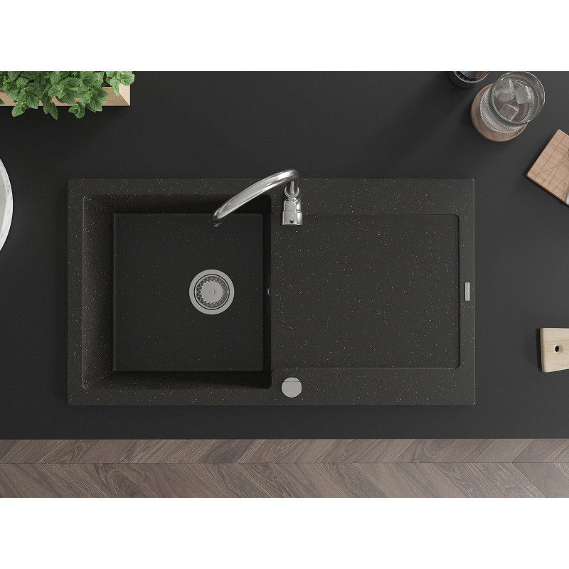Mexen Leo granieten spoelbak met een enkele bak en afvoerplank met Telma keukenkraan, zwart/goud metallic - 6501-75-670200-00