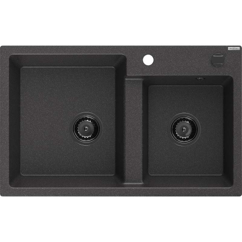Mexen Tomas évier en granit 2 bacs 800 x 500 mm, noir moucheté, siphon noir - 6516802000-76-B