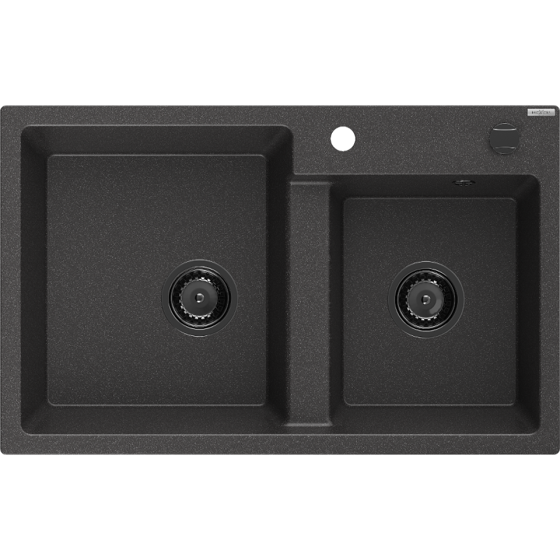 Mexen Tomas lava-loiça de granito de 2 cubas 800 x 500 mm, preto com salpicos, sifão preto - 6516802000-76-B