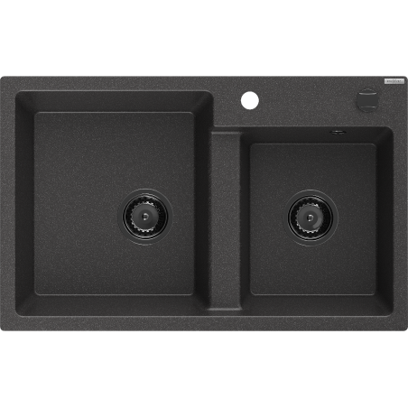 Mexen Tomas évier en granit à 2 bacs 800 x 500 mm, noir moucheté, siphon noir - 6516802000-76-B