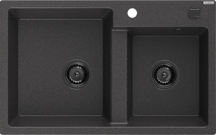 Mexen Tomas évier en granit 2 bacs 800 x 500 mm, noir moucheté, siphon noir - 6516802000-76-B
