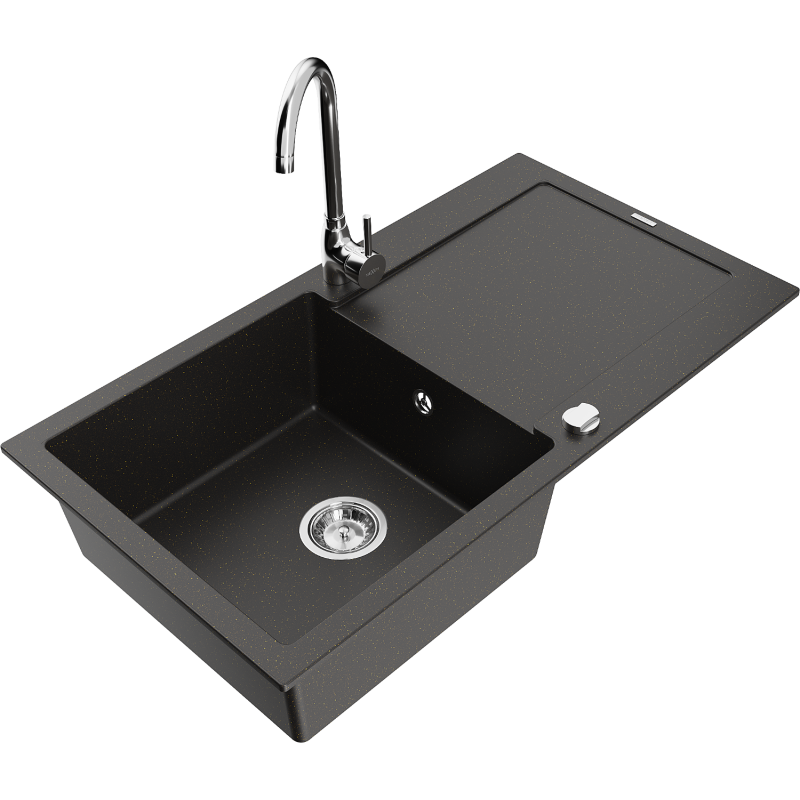 Mexen Leo granitdiskho med 1 fack med avrinning och köksblandare Telma, svart/guld metallic - 6501-75-670200-00