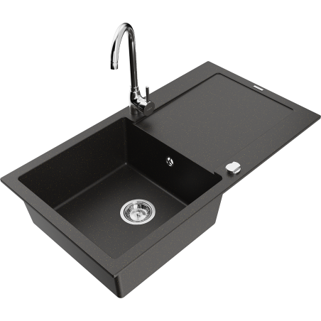 Mexen Leo granitspüle 1-becken mit abtropffläche und Küchenarmatur Telma, schwarz/gold metallic - 6501-75-670200-00