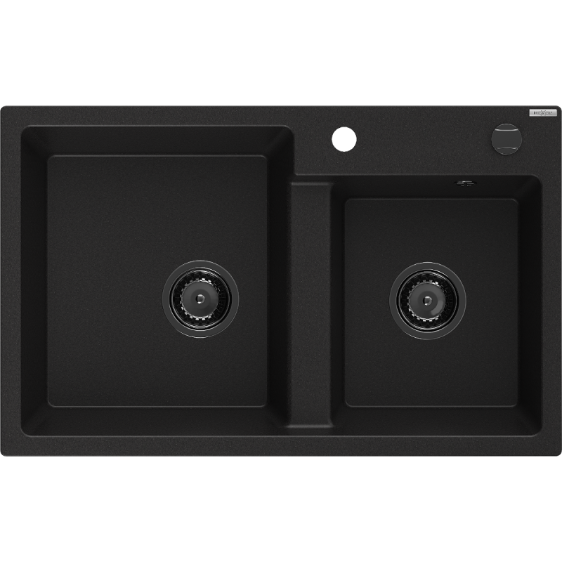 Mexen Tomas granite sink, 2-bowl, 800 x 500 mm, black, black siphon - 6516802000-77-B