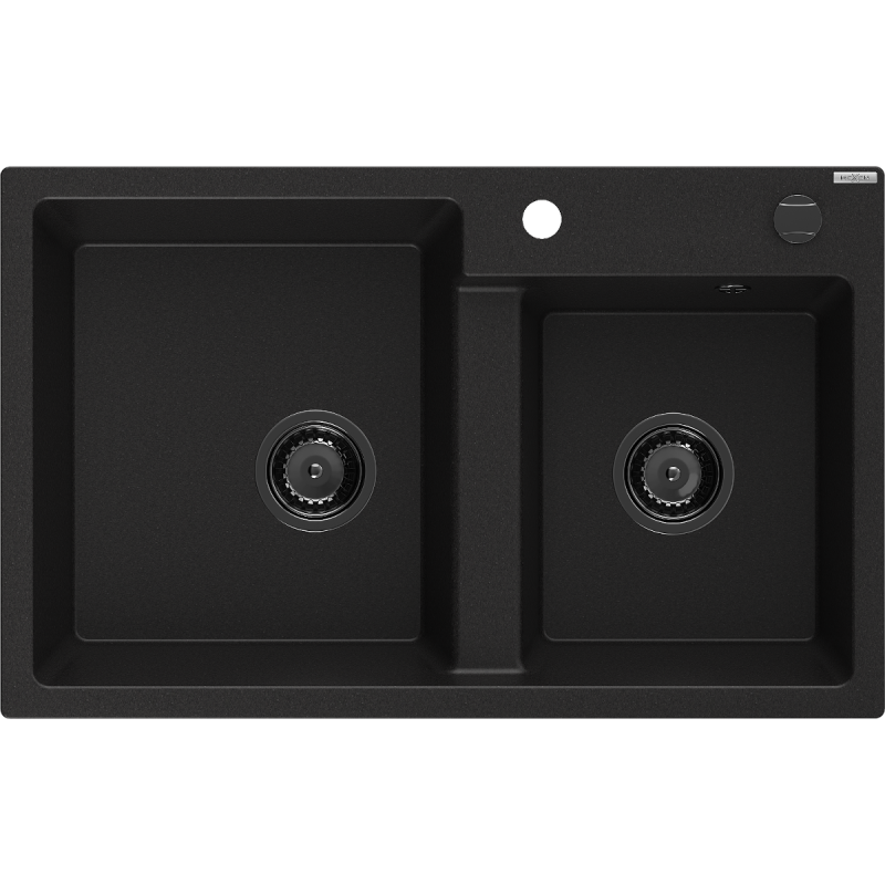 Mexen Tomas lava-loiça de granito 2-cubas 800 x 500 mm, preto, sifão preto - 6516802000-77-B