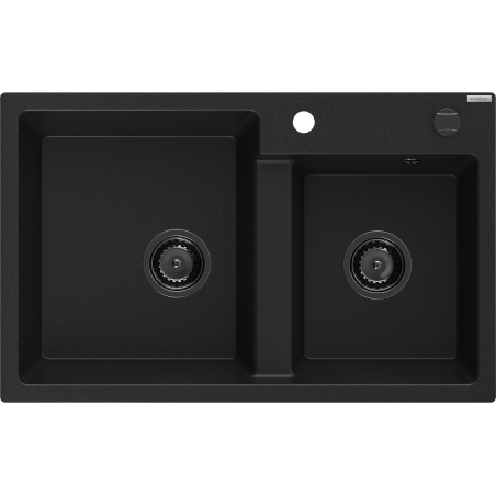 Mexen Tomas granite sink, 2-bowl, 800 x 500 mm, black, black siphon - 6516802000-77-B