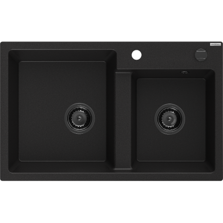 Mexen Tomas lavello in granito a 2 vasche 800 x 500 mm, nero, sifone nero - 6516802000-77-B