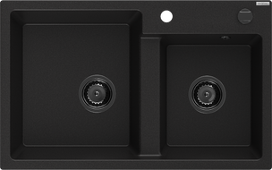 Mexen Tomas 2-bowl granite kitchen sink 800 x 500 mm, black, black siphon - 6516802000-77-B