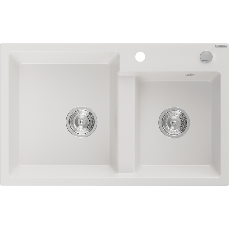 Mexen Tomas granieten gootsteen 2-kamer 800 x 500 mm, wit, chrom sifon - 6516802000-20