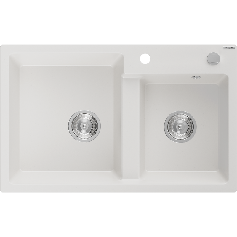 Mexen Tomas granite sink 2-bowl 800 x 500 mm, white, chrome siphon - 6516802000-20