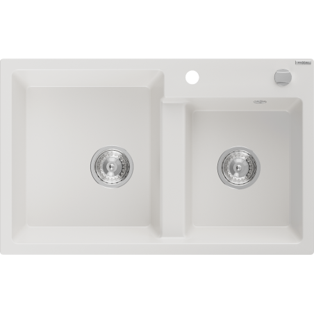 Mexen Tomas lavello in granito a 2 vasche 800 x 500 mm, bianco, sifone cromato - 6516802000-20