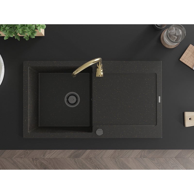 Mexen Leo granitdiskbänk med en ho med avrinningsyta och kökskran Telma, svart/guld metallic - 6501-75-670200-50-B