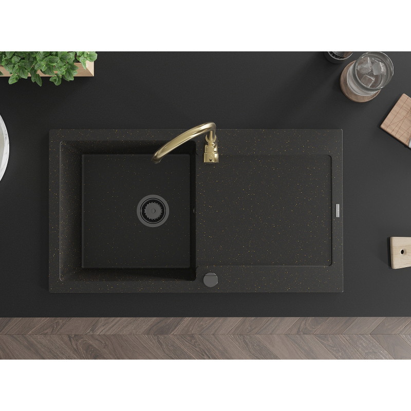 Mexen Leo granitische spoelbak met 1 bak en afdruiprek en Telma keukenkraan, zwart/gouden metallic - 6501-75-670200-50-B
