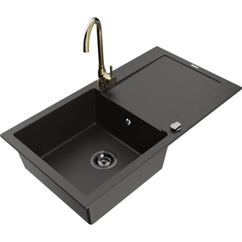 Mexen Leo Granitspüle 1-Becken mit Abtropffläche und Küchenarmatur Telma, Schwarz/Gold Metallic - 6501-75-670200-50-B