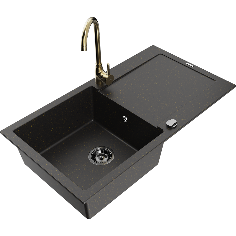 Mexen Leo lavello in granito a 1 vasca con scolapiatti e rubinetto da cucina Telma, nero/oro metallizzato - 6501-75-670200-50-B