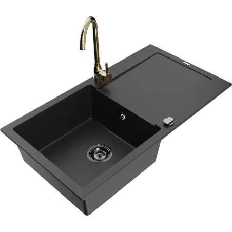 Mexen Leo granit izlietne ar vienu nodalījumu, notekpaplāti un virtuves jaucējkrānu Telma, melns/zelta metāliks
