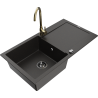 Mexen Leo Granitspüle 1-Becken mit Abtropffläche und Küchenarmatur Telma, Schwarz/Gold Metallic - 6501-75-670200-50-B