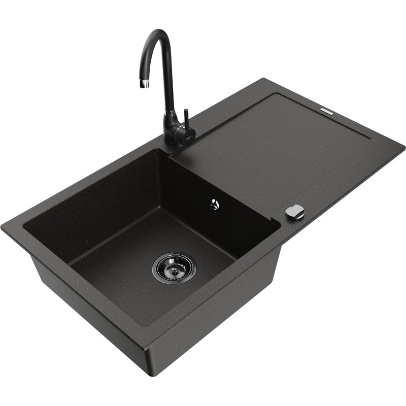 Mexen Leo granit sink 1-bowl with drainer and kitchen faucet Telma, black/gold metallic - 6501-75-670200-70-B