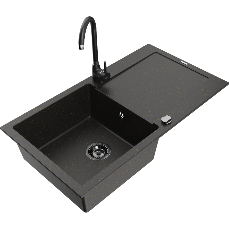 Mexen Leo lavello in granito a 1 vasca con scolapiatti e rubinetto cucina Telma, nero/oro metallizzato - 6501-75-670200-70-B