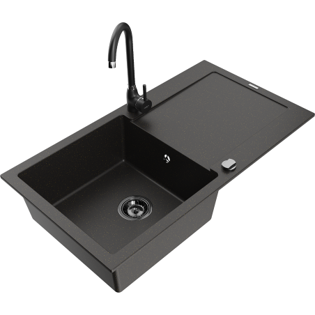 Mexen Leo Granitspüle 1-Becken mit Abtropffläche und Küchenarmatur Telma, schwarz/goldener Metallic - 6501-75-670200-70-B