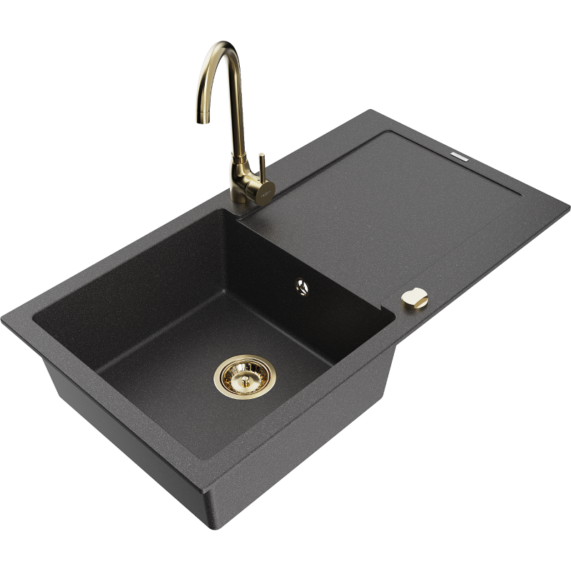 Mexen Leo 1-bowl granite sink with drainer and Telma kitchen tap, speckled black - 6501-76-670200-50