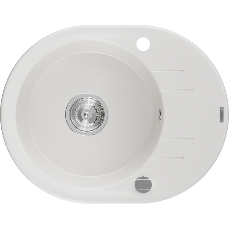 Mexen Kevin lavello in granito 1-vasca con sgocciolatoio 586 x 458 mm, bianco, sifone cromato - 6517581005-20