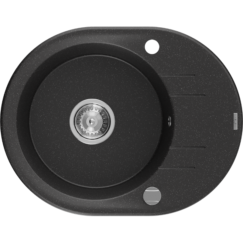 Mexen Kevin fregadero de granito de 1 tazón con escurridor 586 x 458 mm, negro/plateado metálico, sifón cromado - 6517581005-73