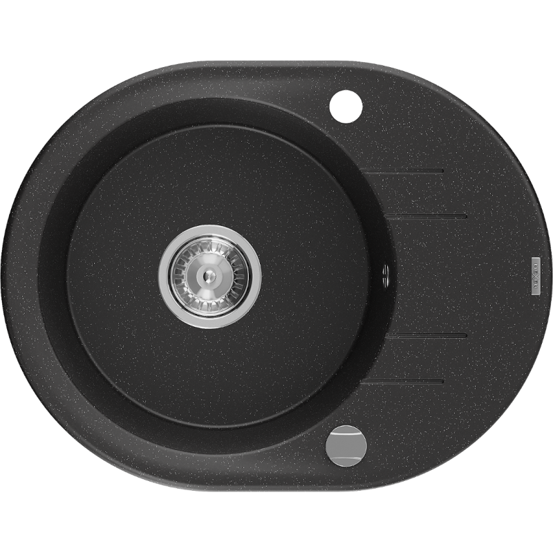 Mexen Kevin graniittinen 1-altaainen tiskiallas kuivaustasolla 586 x 458 mm, musta/hopean metallinhohtoinen, kromiannostelija