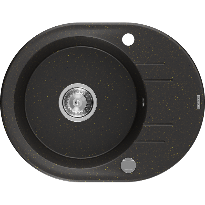 Mexen Kevin lava-louça de granito 1-cuba com escorredor 586 x 458 mm, preto/dourado metalizado, sifão cromado - 6517581005-75