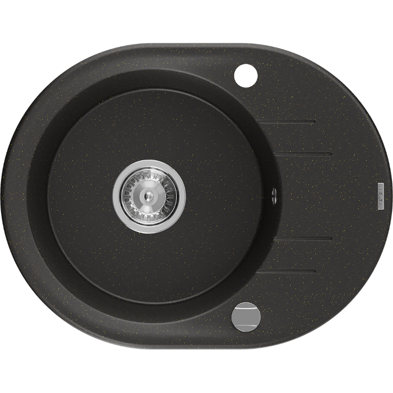 Mexen Kevin lavello in granito 1-vasca con sgocciolatoio 586 x 458 mm, nero/dorato metallizzato, sifone cromato - 6517581005-75