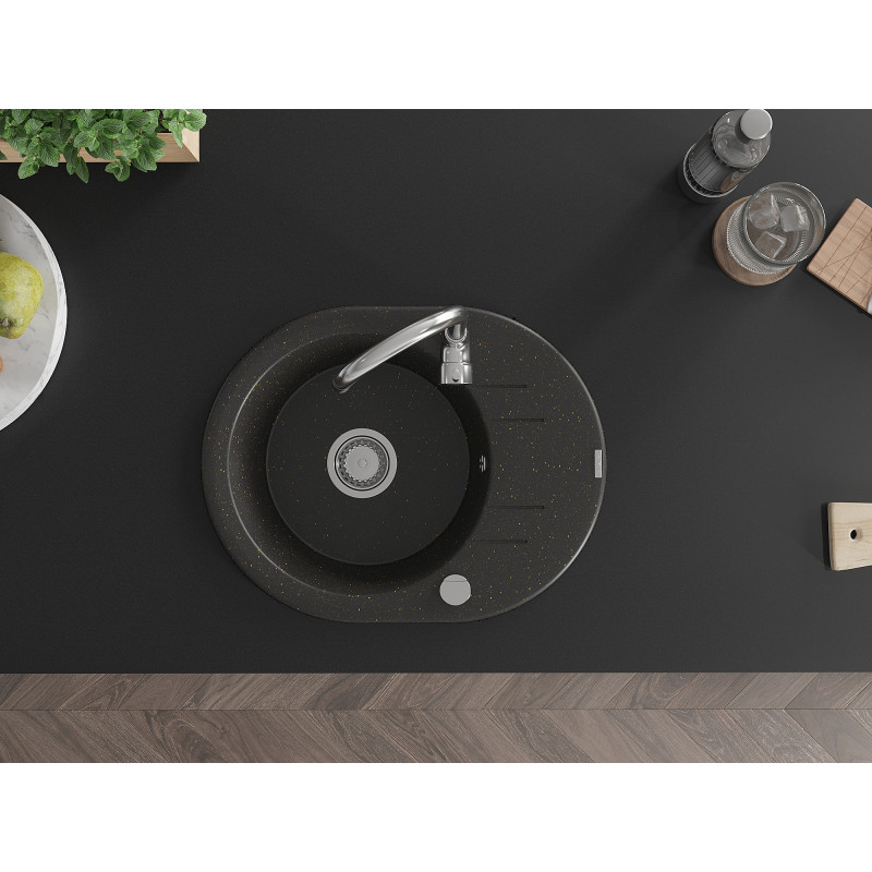 Mexen Kevin fregadero de granito de 1 seno con escurridor 586 x 458 mm, negro/dorado metálico, sifón cromado - 6517581005-75