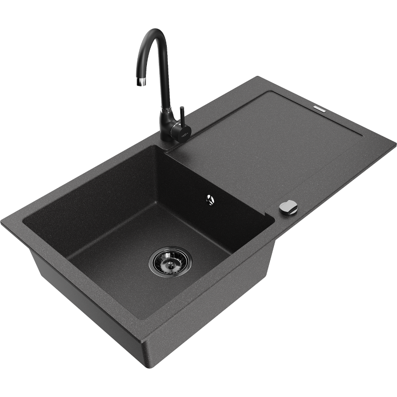 Mexen Leo 1-bowl granite kitchen sink with drainer and Telma kitchen tap, black speckled - 6501-76-670200-70-B