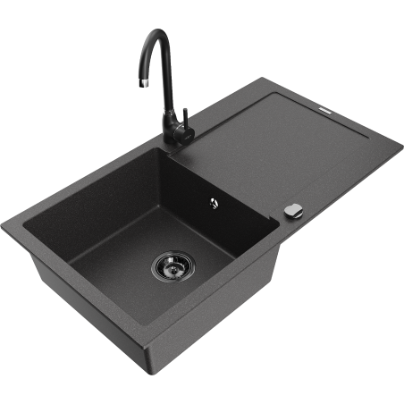 Mexen Leo 1-bowl granite kitchen sink with drainer and Telma kitchen tap, black speckled - 6501-76-670200-70-B