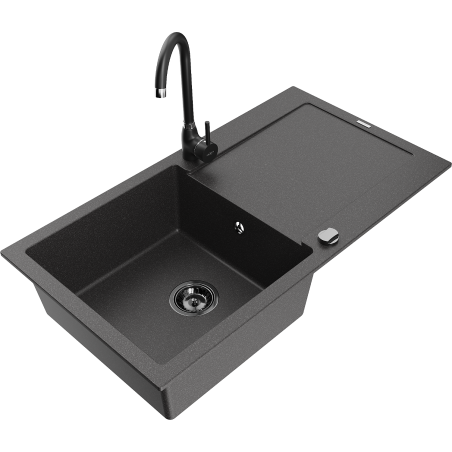 Mexen Leo fregadero de granito de 1 cuenco con escurridor y grifo de cocina Telma, negro moteado - 6501-76-670200-70-B