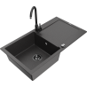 Mexen Leo 1-bowl granite kitchen sink with drainer and Telma kitchen tap, black speckled - 6501-76-670200-70-B