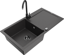 Mexen Leo 1-bowl granite kitchen sink with drainer and Telma kitchen tap, black speckled - 6501-76-670200-70-B