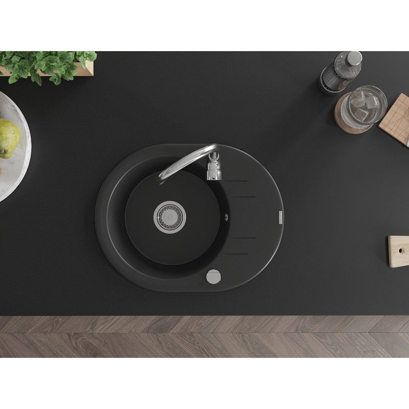 Mexen Kevin lavello in granito a 1 vasca con gocciolatoio 586 x 458 mm, nero, sifone cromato - 6517581005-77