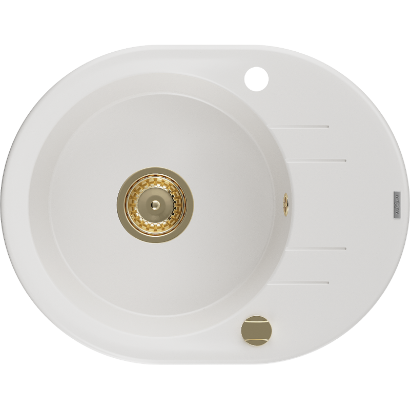 Mexen Kevin fregadero de granito de 1 cubeta con escurridor 586 x 458 mm, blanco, sifón dorado - 6517581005-20-G