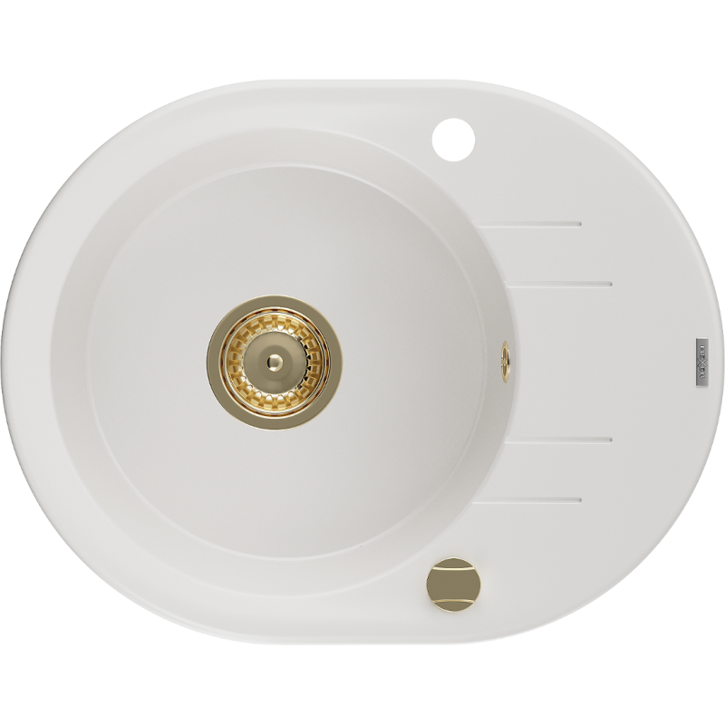 Mexen Kevin granieten spoelbak 1-komors met afdruiprek 586 x 458 mm, wit, gouden sifon - 6517581005-20-G