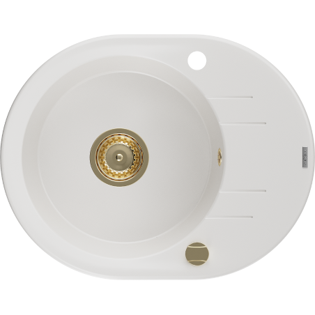 Mexen Kevin lavello in granito monovasca con sgocciolatoio 586 x 458 mm, bianco, sifone dorato - 6517581005-20-G