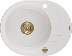 Mexen Kevin lava-loiça de granito 1-cuba com escorredor 586 x 458 mm, branco, sifão dourado - 6517581005-20-G