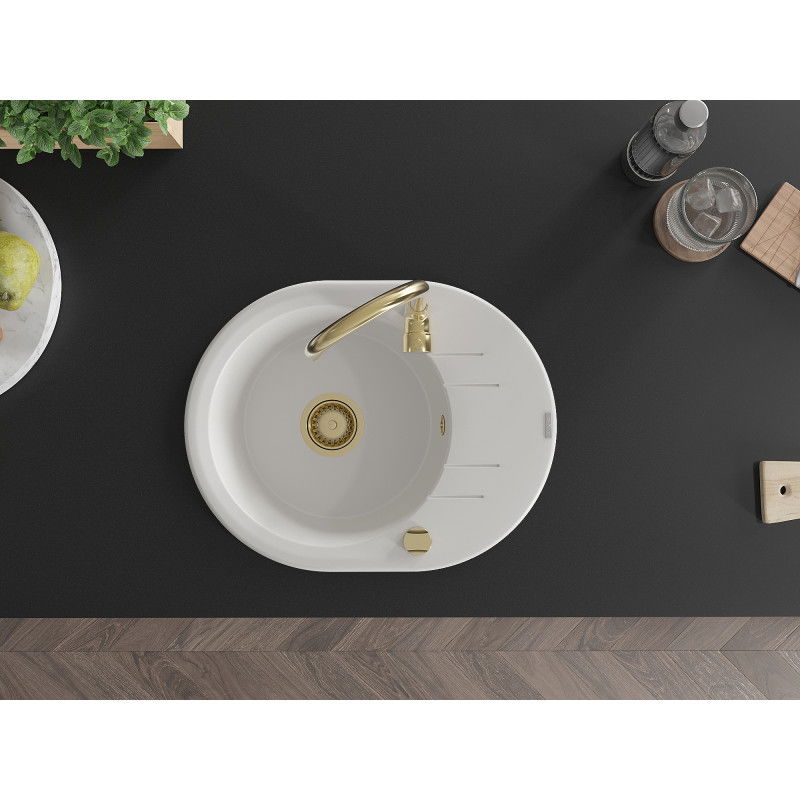 Mexen Kevin granit diskbänk 1-fack med avtappningsyta 586 x 458 mm, vit, gyllene sifon - 6517581005-20-G